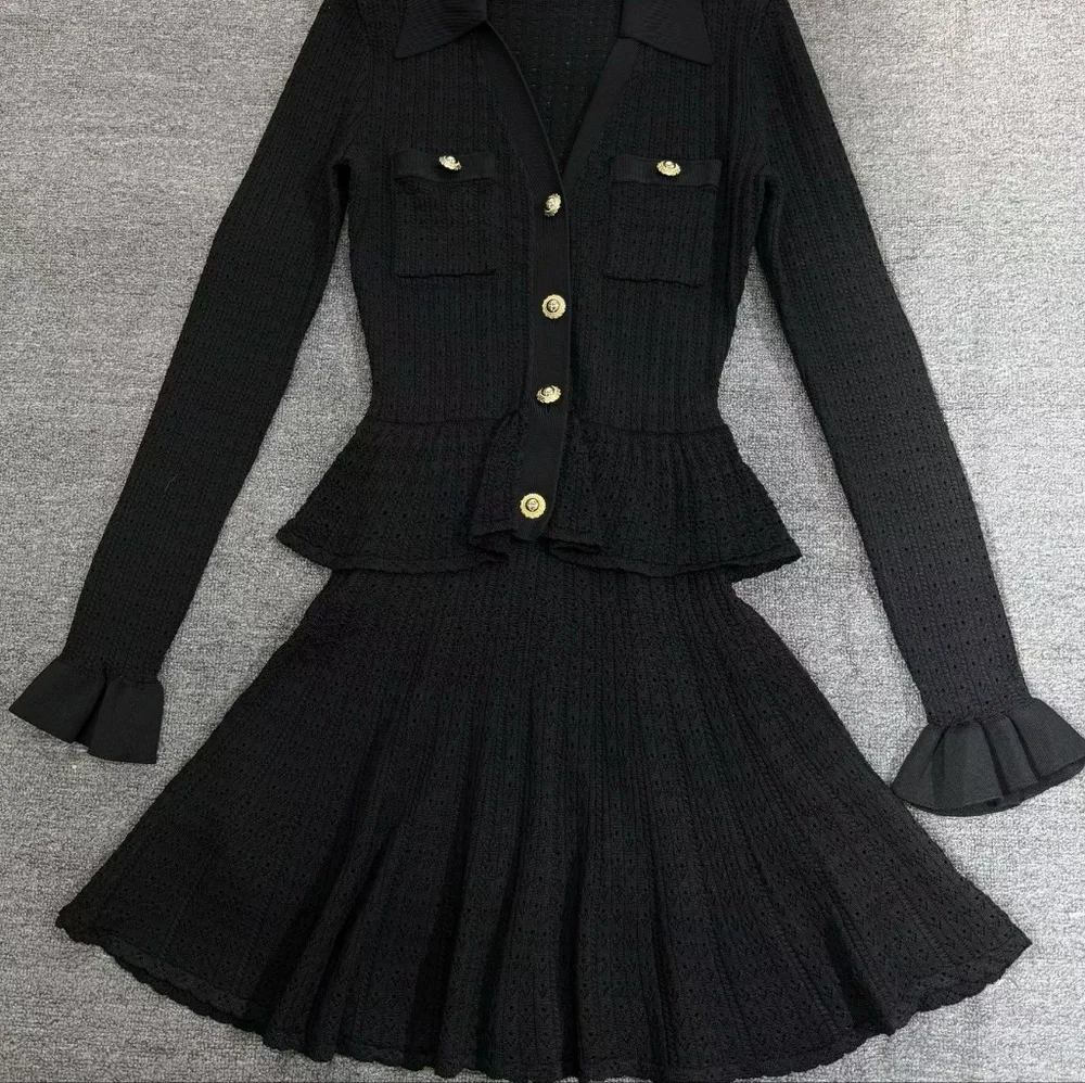 Self-portrait Black Pointelle V Neck Knit Mini Dress - Picture 8 of 9